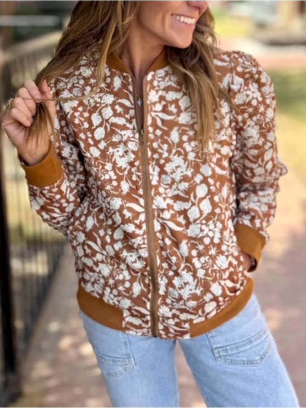 Floral Bomber Jacket - Tan & White